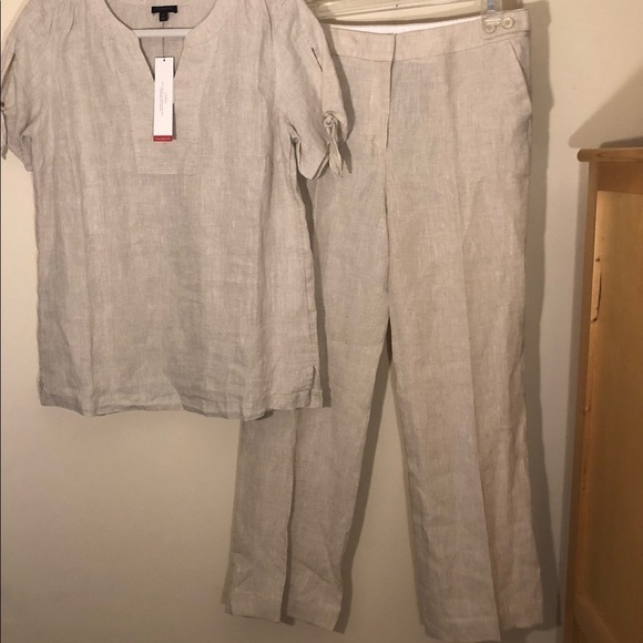 Talbots Windsor Linen Wide Leg Cream/Tan Pants 6P - Picture 4 of 11